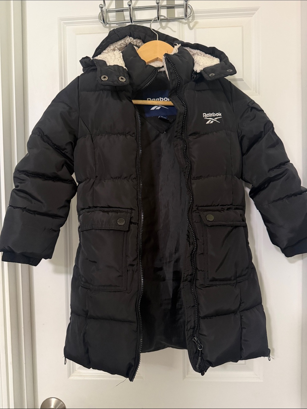 Reebok Kids Black Quilted Puffer Jacket with Ivory Lining Hood, Size 6X